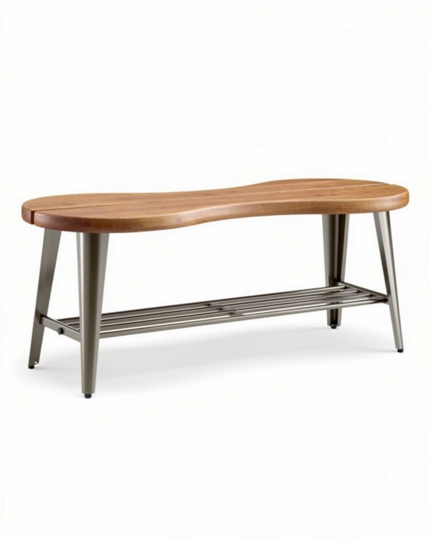 Houten bank met metalen onderstel en opbergrek 120 x 40 x 45cm