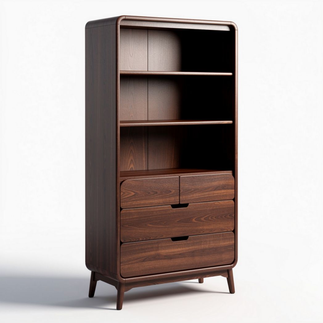 Houten boekenkast met vier open planken en drie lades 60 x 30 x 150cm