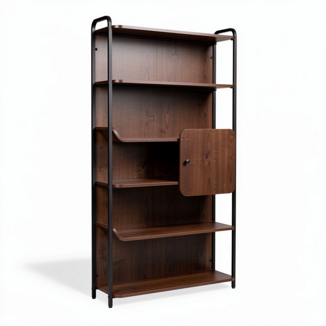 Boekenkast van bruin hout met metalen frame en gesloten kastdeur 180 x 80 x 30cm