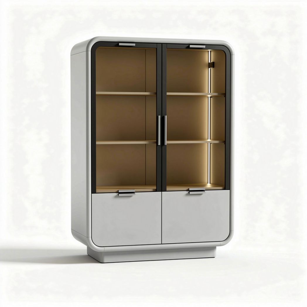 Kast met glazen deuren van wit melamine en zwart kunststof 100 x 50 x 150cm