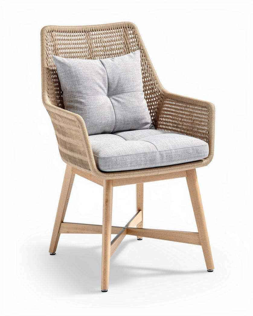 Rotan fauteuil met kussen en houten poten 70 x 70 x 90cm grijs