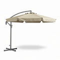 Hangende parasol met een beige doek en een metalen standaard van 200 x 200 x 250cm