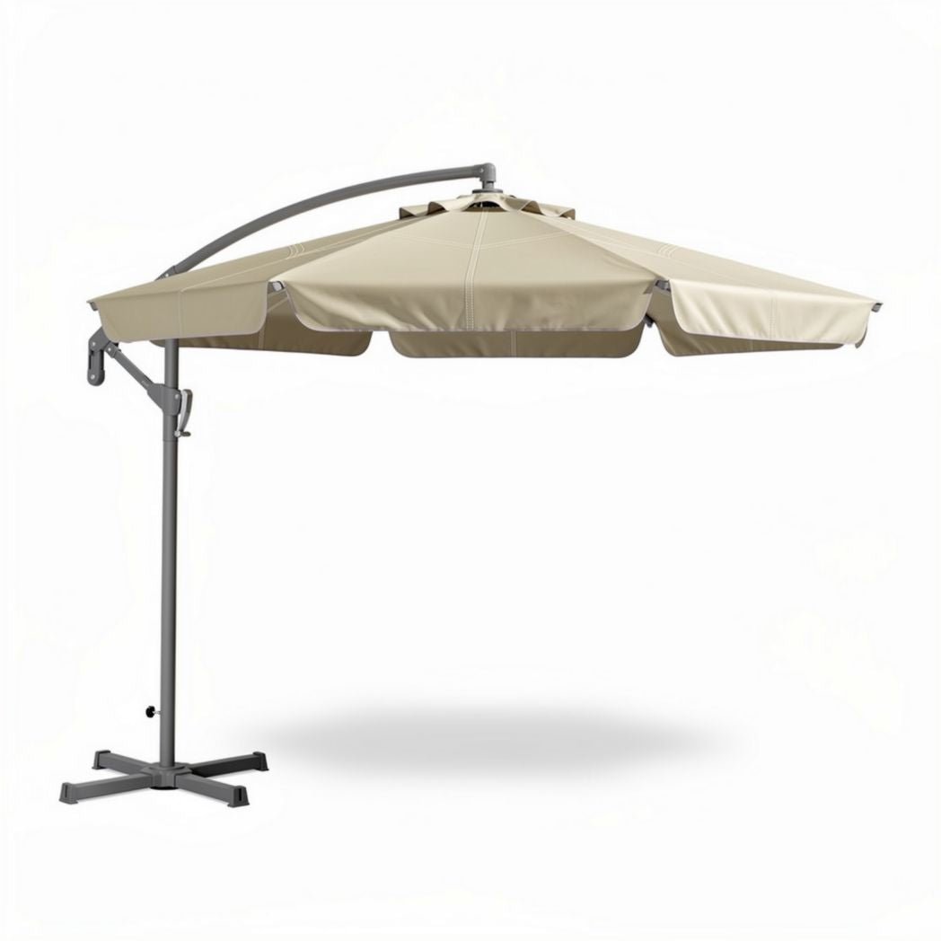 Hangende parasol met een beige doek en een metalen standaard van 200 x 200 x 250cm