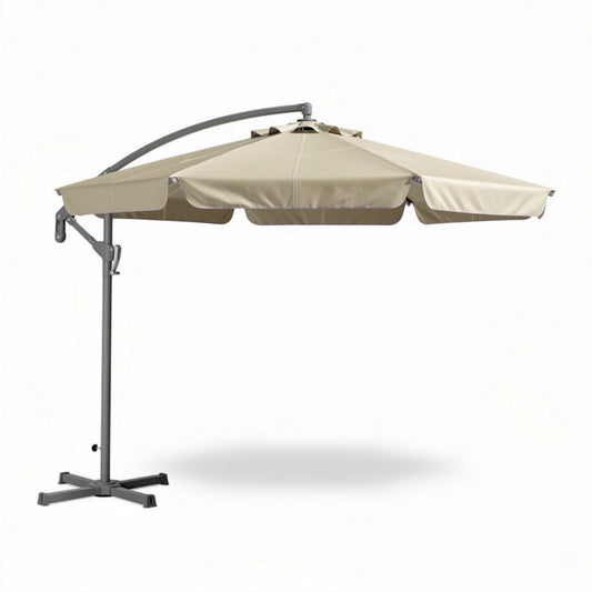 Hangende parasol met een beige doek en een metalen standaard van 200 x 200 x 250cm