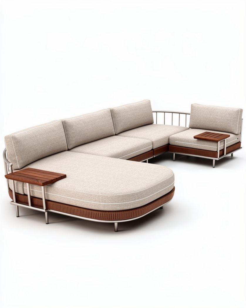 L-vormige loungeset van duurzaam wicker met kussens en houten tafeltjes 200 x 200 x 80cm